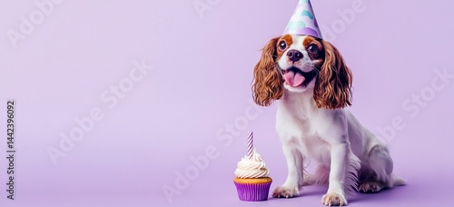 Obraz na płótnie Happy Cavalier King Charles Spaniel puppy wearing a party hat with a cupcake. w salonie