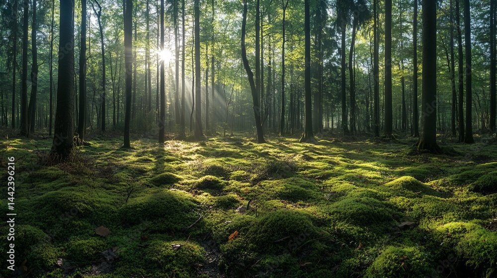 Obraz premium Sunlit green forest mossy ground tranquil nature scene peaceful sunlight beams calm lush trees woods
