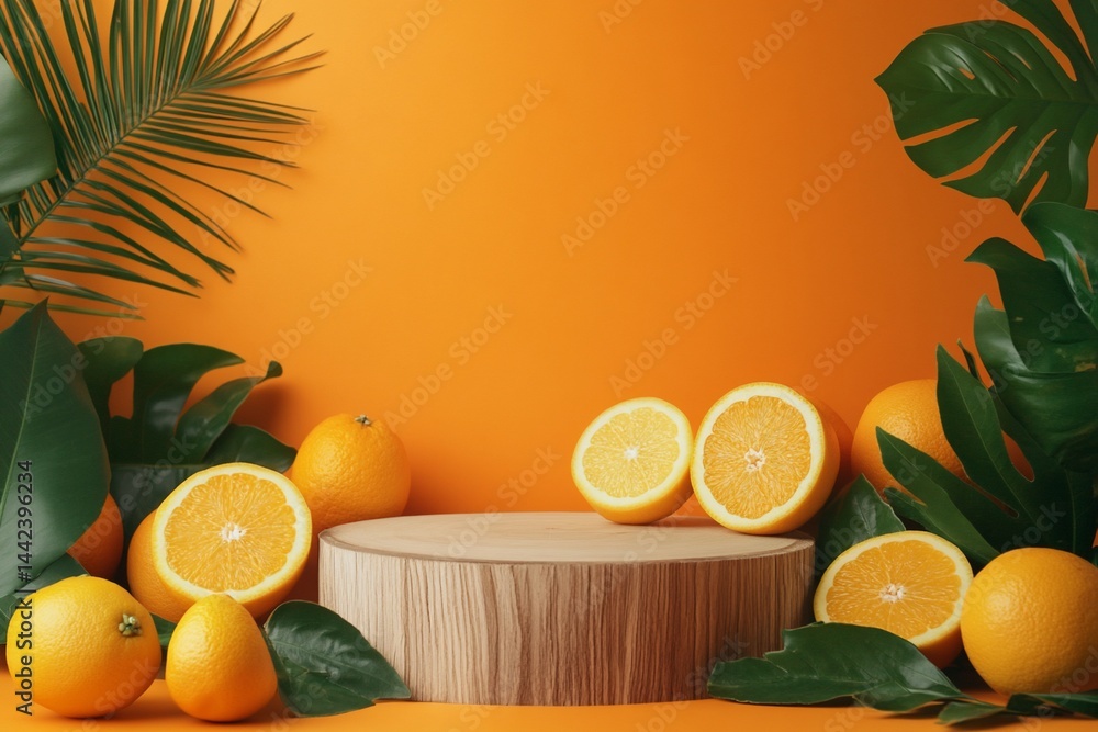 Wooden display stand surrounded by oranges and tropical leaves on orange background.