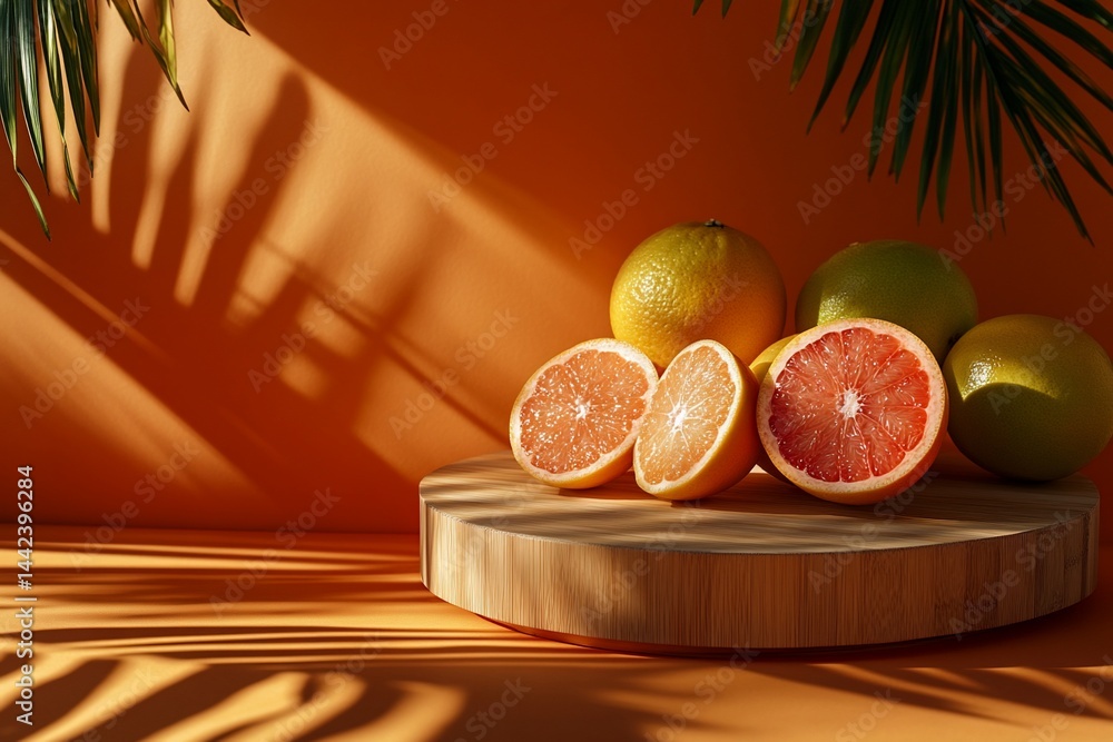 Sunlit grapefruits and oranges on wooden board, tropical palm leaf shadows.