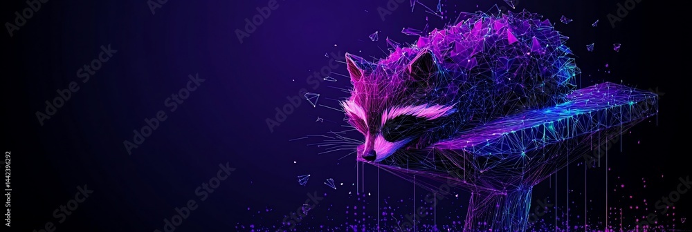 Neon raccoon resting on a geometric platform.