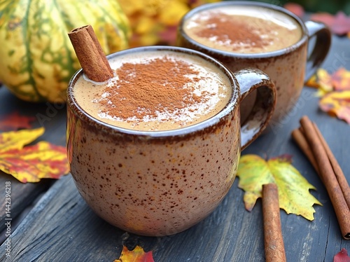 Obraz na płótnie Two mugs of spiced pumpkin latte with cinnamon sticks and autumn leaves. w salonie