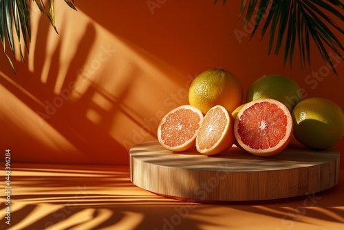 Obraz na płótnie Sunlit grapefruits and oranges on wooden board, tropical palm leaf shadows. w salonie