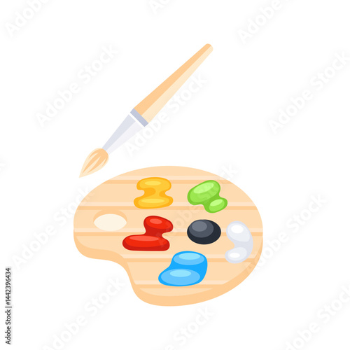 Paintbrush hovering over wooden palette with colorful blobs of paint