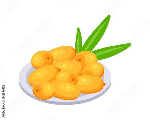 Fresh sea buckthorn berries lying on plate with green leaves