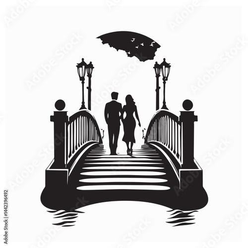 Silhouette of a Loving Couple Walking Together Across a Bridge in Peaceful Harmony Vector