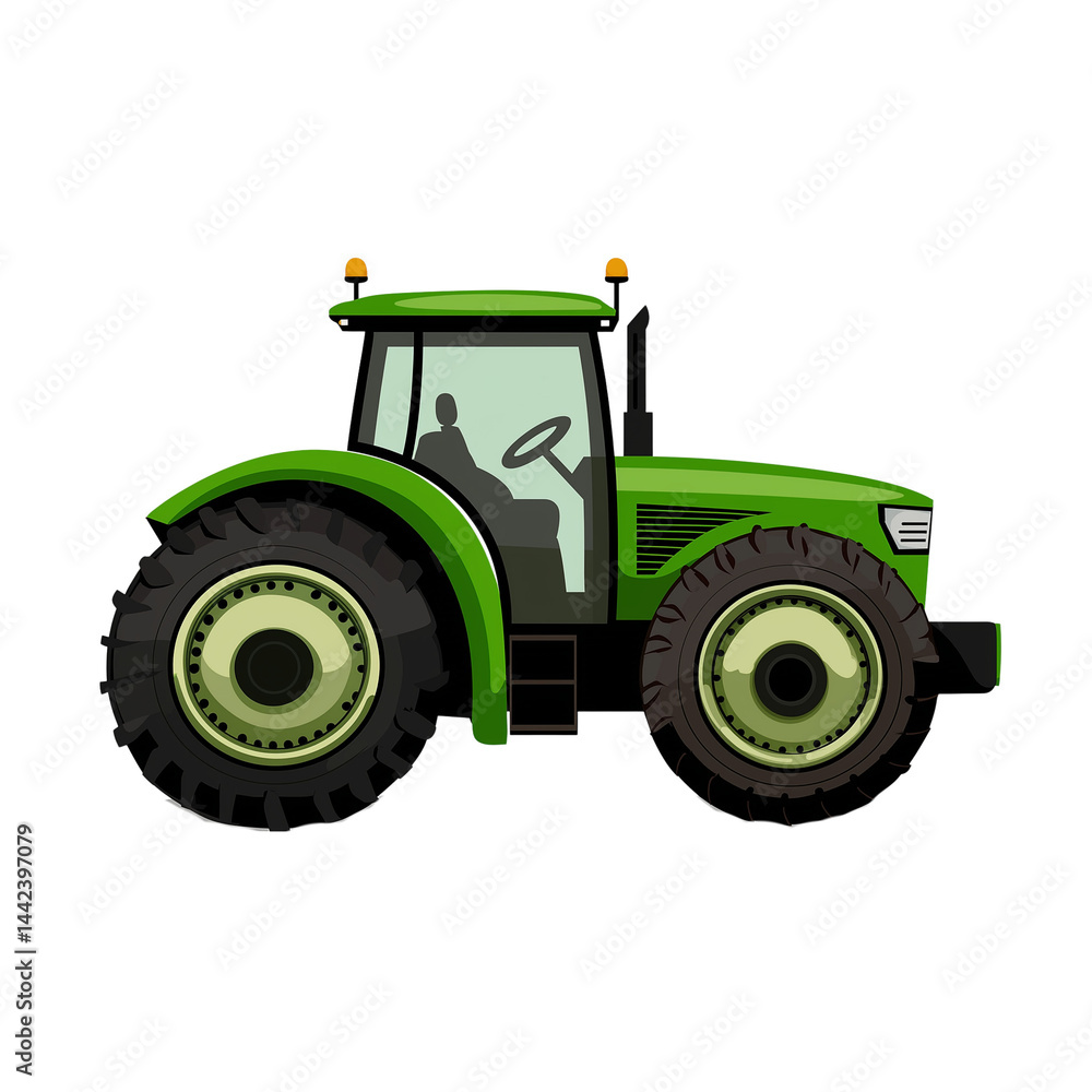 Obraz premium Green tractor moving through a rural landscape