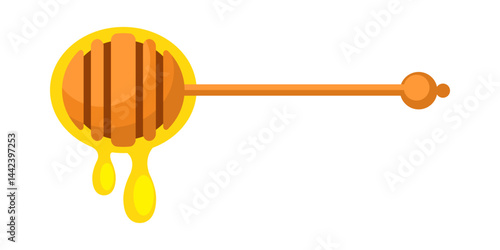 Honey dripping from wooden dipper on white background