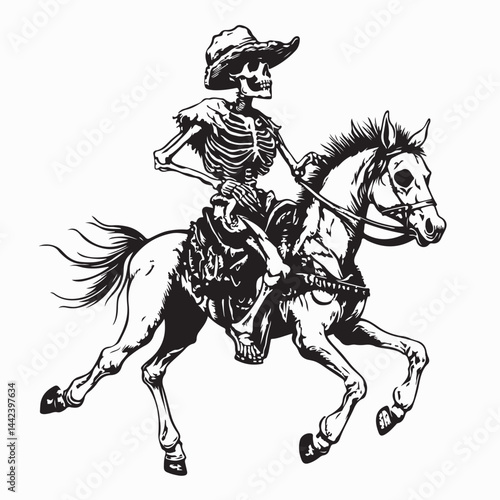 Cowboy Skull Riding a Skeletal Horse Across the Desert in a Western Vector Scene