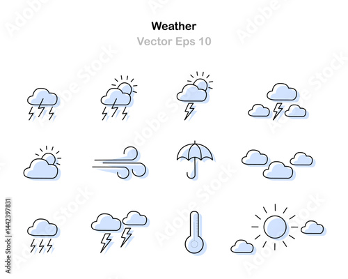 A detailed and neat weather icon set featuring clouds storms sun and temperature in line design