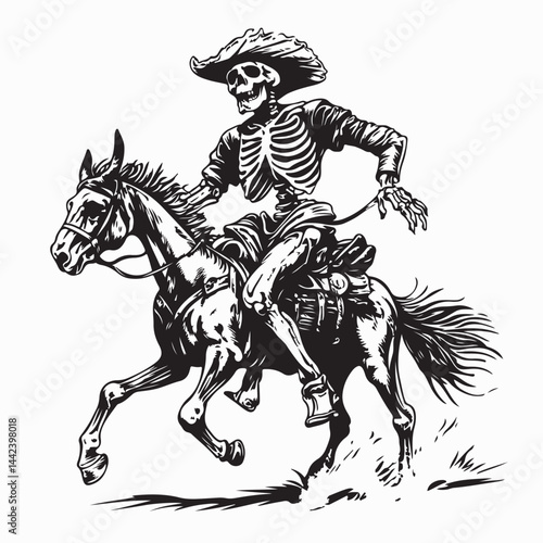Cowboy Skull Riding a Skeletal Horse Across the Desert in a Western Vector Scene