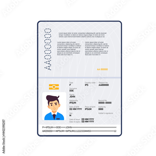 Open passport with personal information and photo of John Doe, identification document for international travel