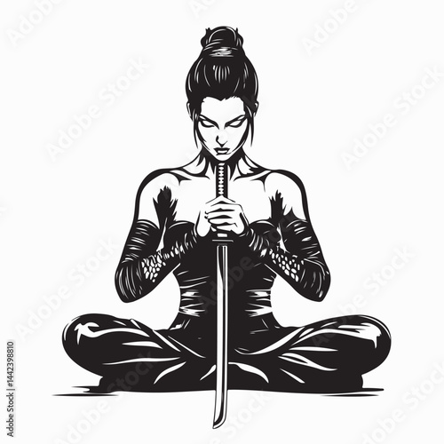 Female Warrior Sitting Cross-Legged with Samurai Sword Planted Firmly in Front of Her.