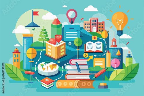 Colorful illustration of education and learning featuring books, ideas, and digital innovation. Represents knowledge growth, creativity, and academic success in a vibrant and engaging way.