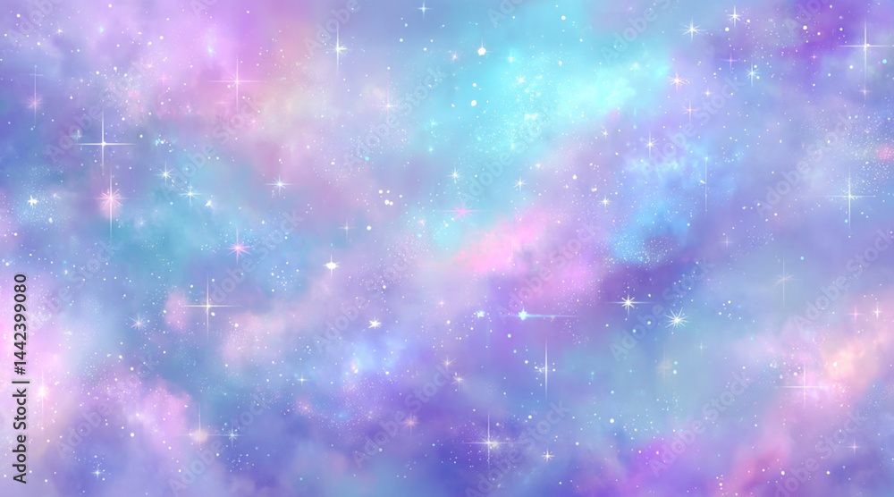 Abstract blurred bokeh light background , blue unicorn background. Pastel watercolor sky with glitter stars and bokeh. Fantasy space galaxy with holographic texture