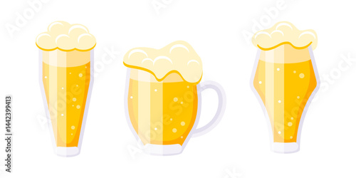 Three glasses of refreshing beer with overflowing foam are showing different shapes and sizes