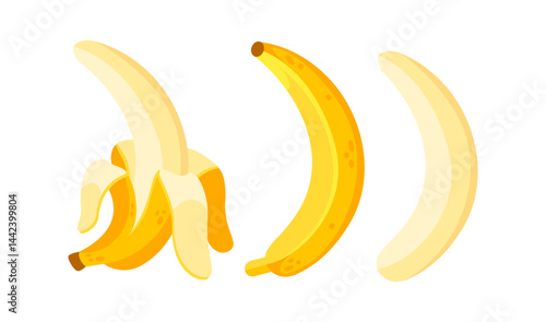 Peeled banana, whole banana and banana without peel isolated on white background
