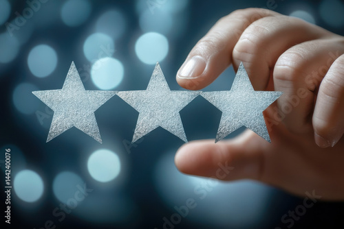 Obraz na płótnie Hand choosing three stars rating on blurred background w salonie