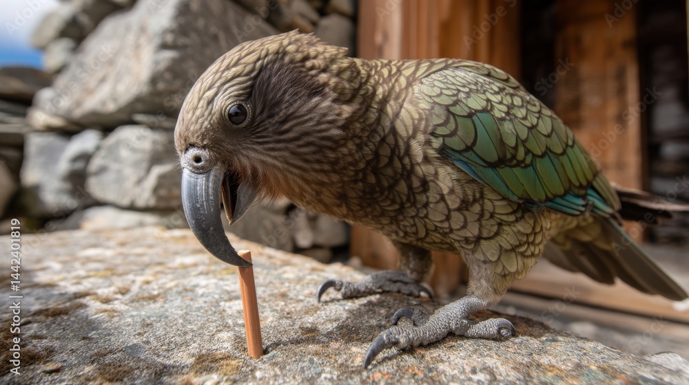 Fototapeta premium Curious Kea with Stick: New Zealand Wildlife