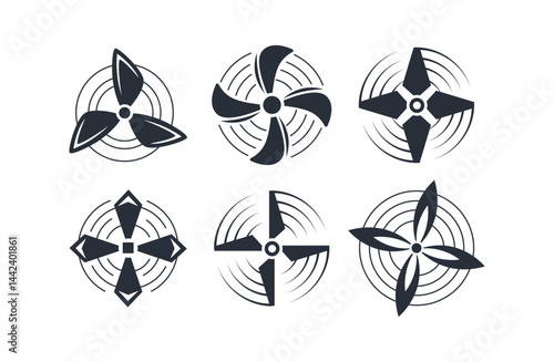 Six black stylized propellers rotating and creating circular waves