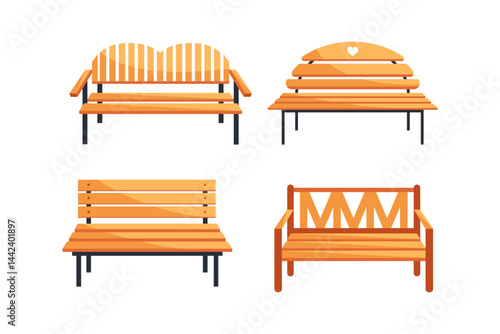 Four wooden benches showing different designs for seating in public parks