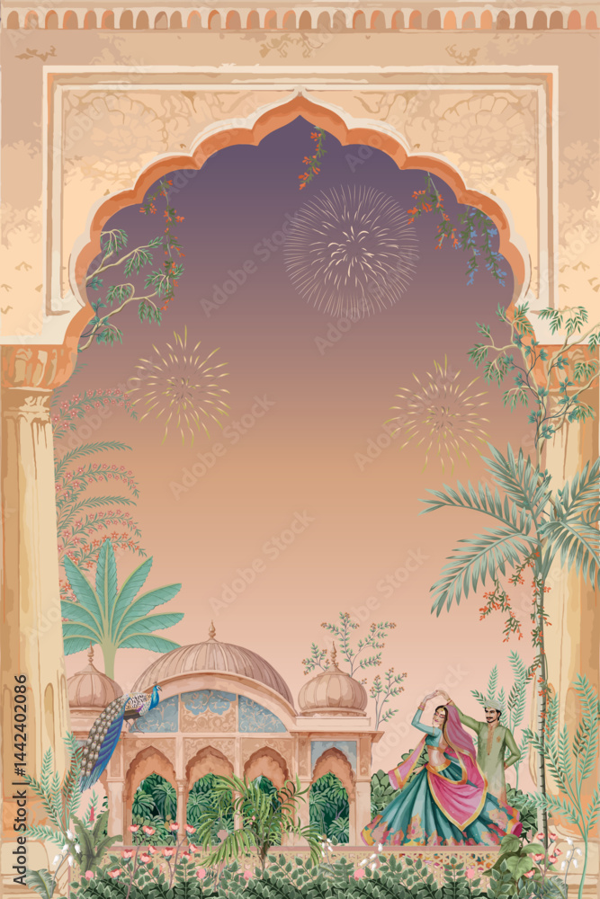 custom made wallpaper toronto digitalMughal wedding invitation card design with peacock, royal couple, temple, and Rajasthani palace elements for Sangeet night print illustration