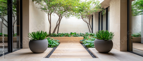 serene urban garden with planters and wooden pathway