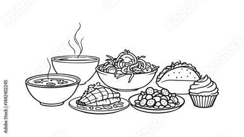 Cooked Dish Presentation line art elegant food plating illustration
