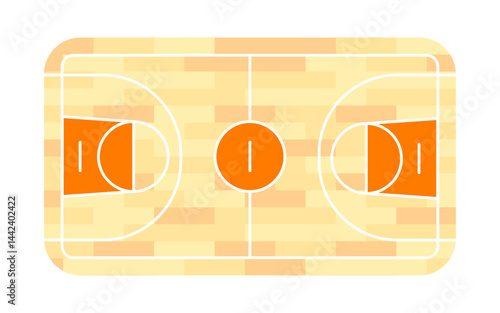 Basketball court hardwood floor showing markings and hoops, top view