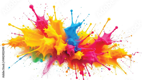 Paint splatters on white background. A vibrant explosion of multicolored paint splatters.
