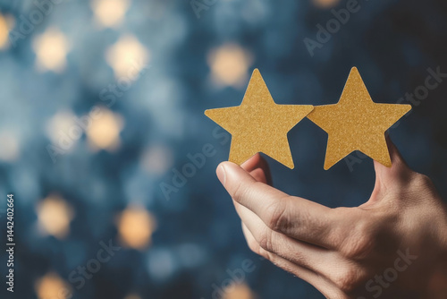 Customer holding two golden stars, giving positive feedback