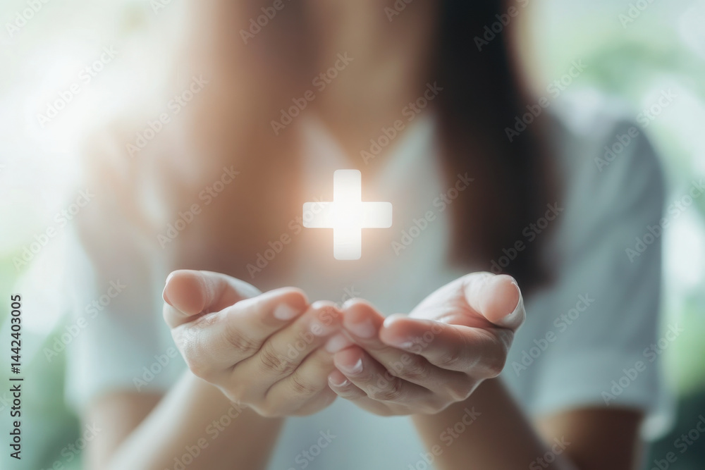 Woman holding glowing plus sign in open palms, healthcare and medical concept