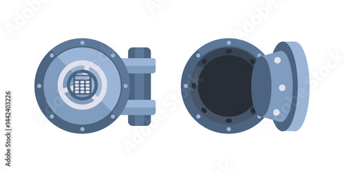 Round vault door closing and opening, protecting money and valuables
