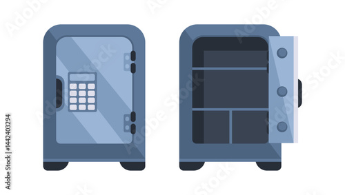 Closed and Opened Metal Safe Box with Empty Shelves and Electronic Lock