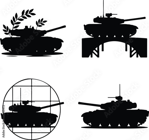 Tank War Silhouette Set | Military Combat Icon Collection Battle Tank Silhouettes | War Machine Vector Set