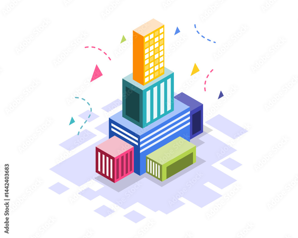 Fototapeta premium Stacked geometric buildings in cityscape with colorful rooftops and soft shadows