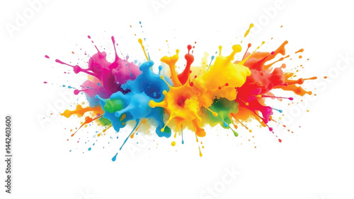 Paint splatters on white background. A vibrant explosion of multicolored paint splatters.
