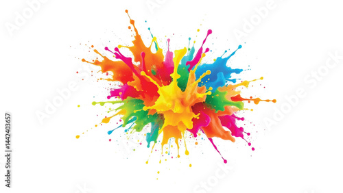 Paint splatters on white background. A vibrant explosion of multicolored paint splatters.