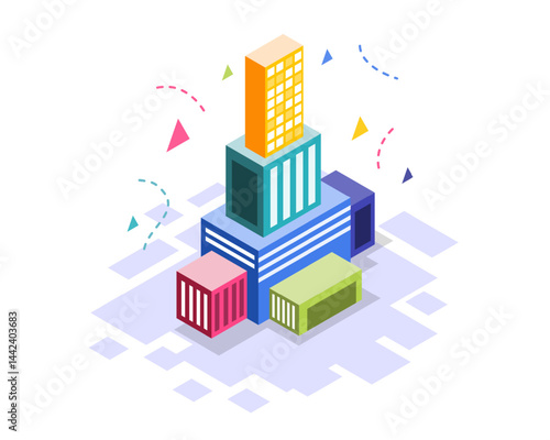 Stacked geometric buildings in cityscape with colorful rooftops and soft shadows