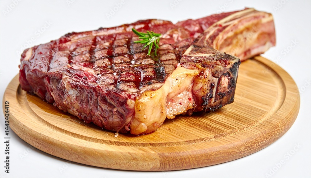 a delicious, perfectly cooked steak served on a wooden plate, ready to be enjoyed. The steak is juicy and tender, with grill marks and seasoned with salt and herbs a delicious, perfectly cooked steak served on a wooden plate, ready to be enjoyed. The steak is juicy and tender, with grill marks and seasoned with salt and herbs