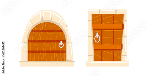 Two wooden medieval doors with stone frames and metal handles are closing a building