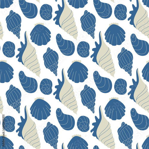Sea Life Vector Seamless Pattern with Whale, Seahorse, Jellyfish, Turtle, Starfish, Shells, Coral and Sea Plants Flat Style Marine Creatures Illustration, EPS10, Isolated on White Background