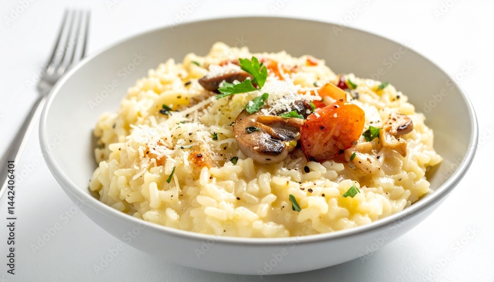 Delicious risotto with mushrooms and tomatoes in a bowl, a culinary delight with fresh ingredients, ready to savor. Delicious risotto with mushrooms and tomatoes in a bowl, a culinary delight with fresh ingredients, ready to savor.