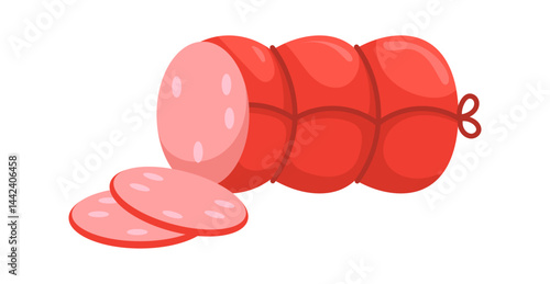 Sliced sausage showing filling with red casing on white background