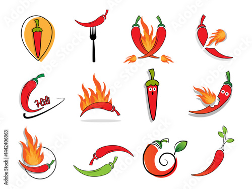Spicy chili pepper icon collection with fire and heat food symbols
