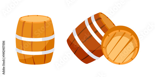 Wooden barrels lying and standing with opened hatch for wine or whiskey