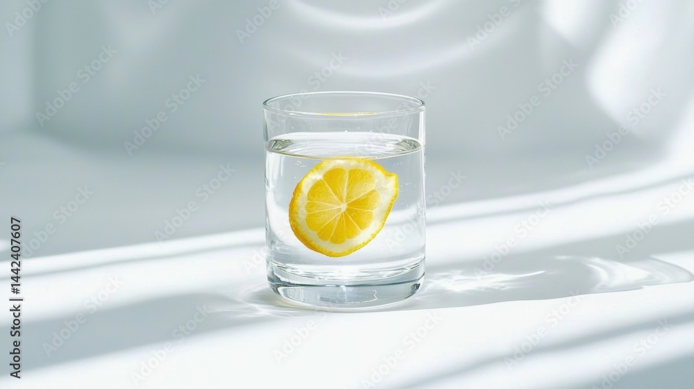 A glass of water with a lemon slice in it.
