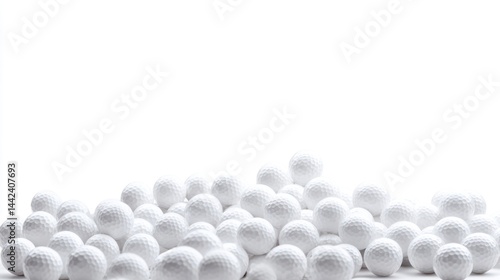 Pile of white golf balls on a white backdrop with copy space.