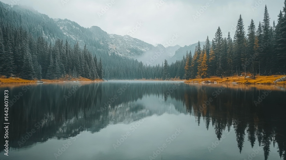 A tranquil lake scene featuring evergreen trees and snow capped mountains A tranquil lake scene featuring evergreen trees and snow capped mountains