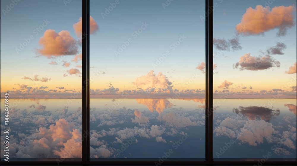 A serene view of a sunset over a calm body of water, framed by three windows.